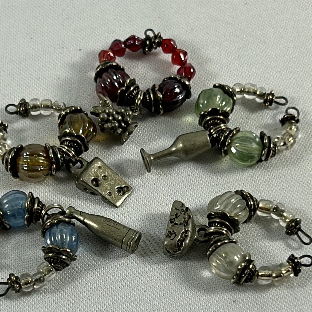 Lot 5 Multicolored Beaded Wine Charms Silver Tone Cheese Wedge Grapes Bottle